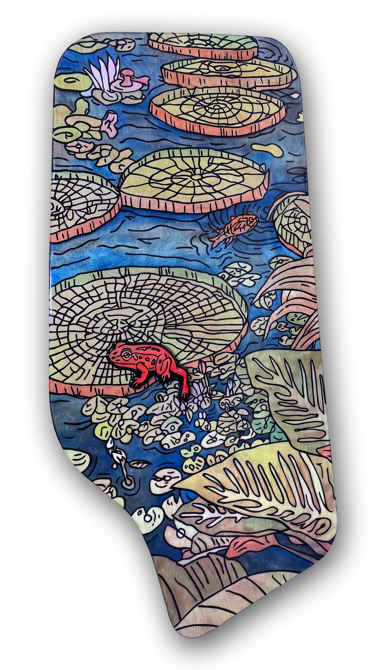 A Day @ Phipps with the Family — full view, die-cut birch panel with lily pads, fish and red frog, 26 x 53 inches