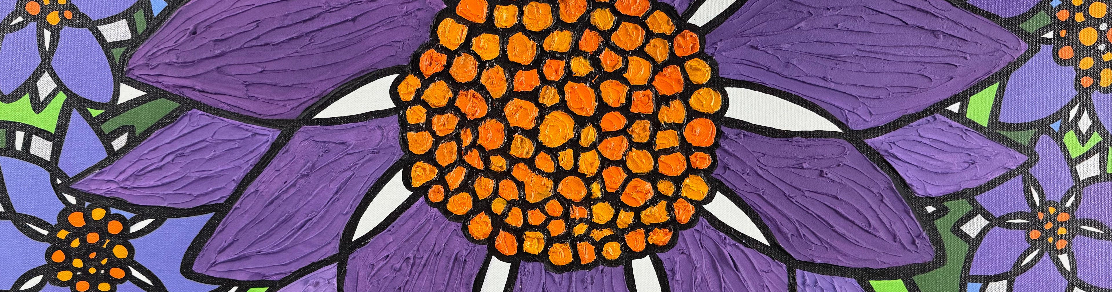 Purple Flower Garden — full view, acrylic and molding paste on canvas, 36 x 12 inches